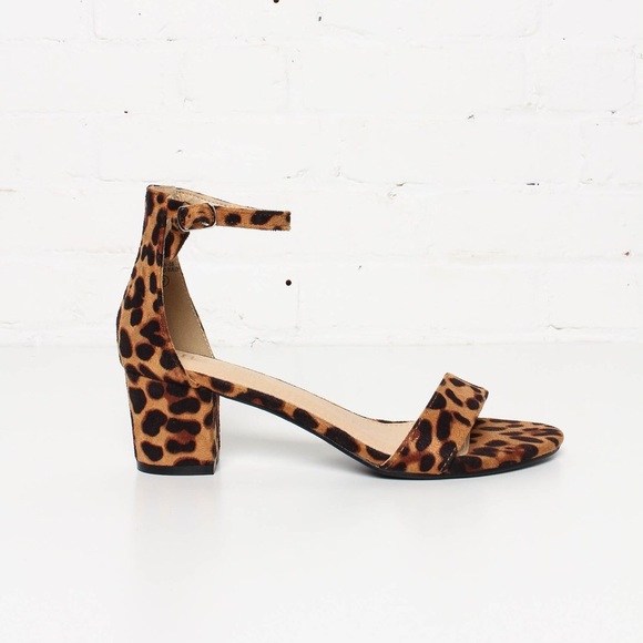Leopard Print Block Ankle Strap Heels Sandals - Picture 2 of 7